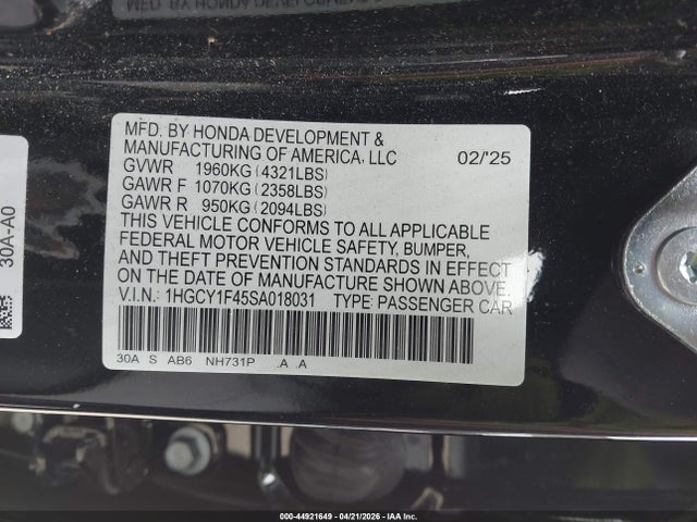44921649 :رقم المزاد ، 1HGCY1F45SA018031 vin ، 2025 Honda Accord Se مزاد بيع