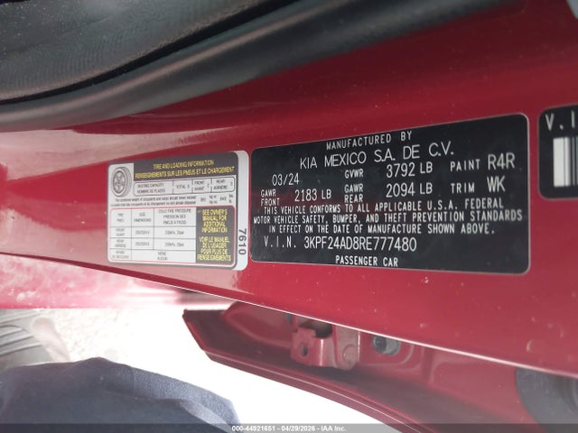 Продаж на аукціоні авто 2024 Kia Forte Lxs, vin: 3KPF24AD8RE777480, номер лоту: 44921651