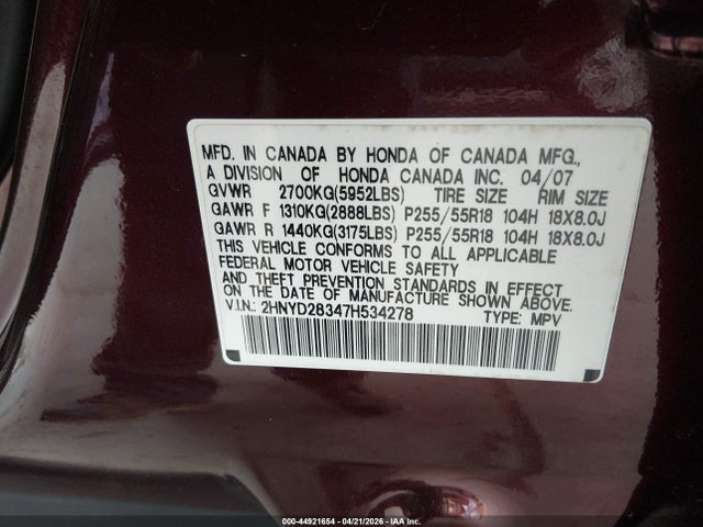 Продаж на аукціоні авто 2007 Acura Mdx Technology Package, vin: 2HNYD28347H534278, номер лоту: 44921654