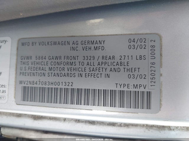 Продаж на аукціоні авто 2003 Volkswagen Eurovan Mv, vin: WV2NB47083H001322, номер лоту: 44921661