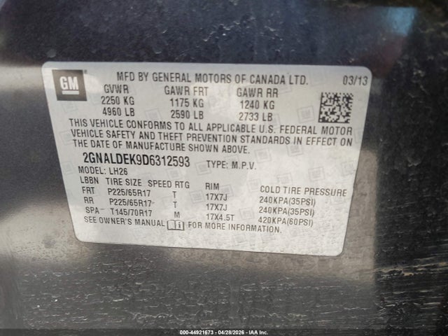 44921673 :رقم المزاد ، 2GNALDEK9D6312593 vin ، 2013 Chevrolet Equinox 1lt مزاد بيع