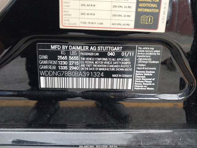 Aukcja sprzedaży 2011 Mercedes-benz S 550, vin: WDDNG7BB0BA391324, numer aukcji: 44921684