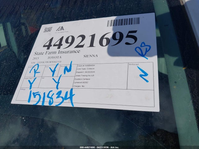 Aukcja sprzedaży 2015 Toyota Sienna Xle 8 Passenger, vin: 5TDYK3DC8FS561510, numer aukcji: 44921695