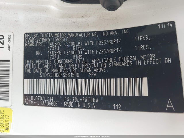 Aukcja sprzedaży 2015 Toyota Sienna Xle 8 Passenger, vin: 5TDYK3DC8FS561510, numer aukcji: 44921695
