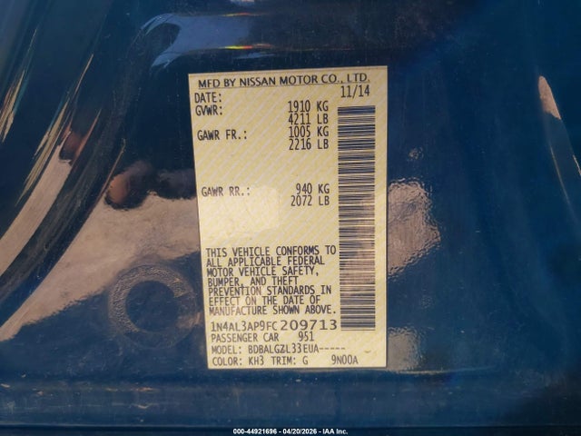Aukcja sprzedaży 2015 Nissan Altima 2.5/2.5 S/2.5 Sl/2.5 Sv, vin: 1N4AL3AP9FC209713, numer aukcji: 44921696