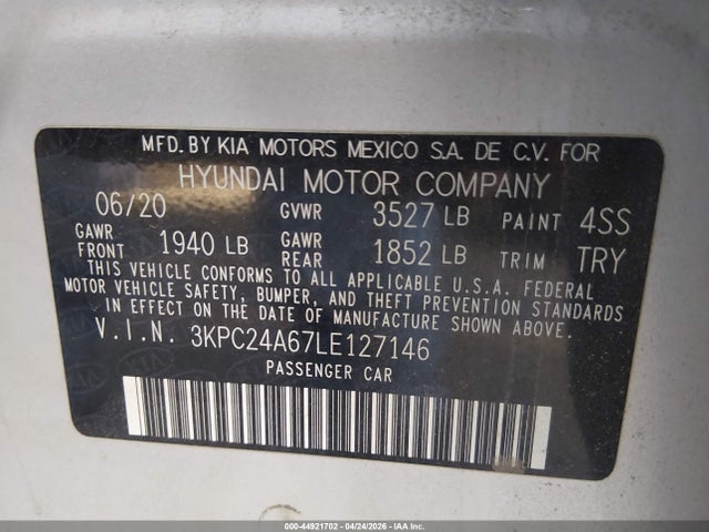 Продажа на аукционе авто 2020 Hyundai Accent Se, vin: 3KPC24A67LE127146, номер лота: 44921702