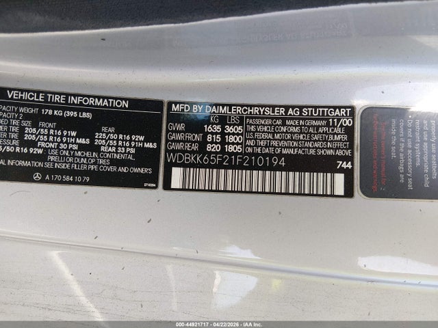 44921717 :رقم المزاد ، WDBKK65F21F210194 vin ، 2001 Mercedes-benz Slk 320 مزاد بيع