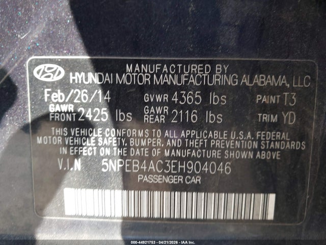 Продажа на аукционе авто 2014 Hyundai Sonata Gls, vin: 5NPEB4AC3EH904046, номер лота: 44921753