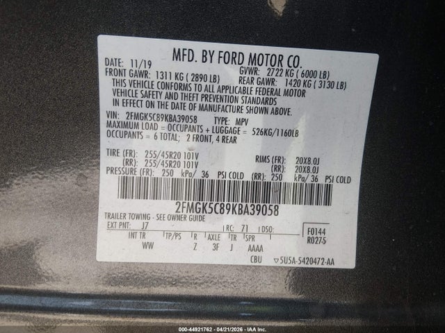 Продажа на аукционе авто 2019 Ford Flex Sel, vin: 2FMGK5C89KBA39058, номер лота: 44921762