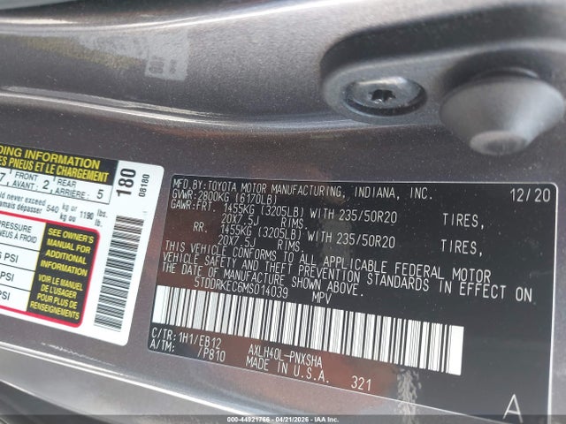 Aukcja sprzedaży 2021 Toyota Sienna Xse, vin: 5TDDRKEC6MS014039, numer aukcji: 44921766
