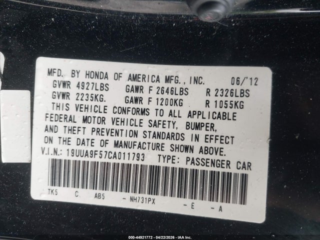 44921772 :رقم المزاد ، 19UUA9F57CA011793 vin ، 2012 Acura Tl 3.7 مزاد بيع