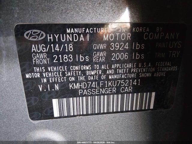 KMHD74LF1KU752141 Hyundai ELANTRA SE