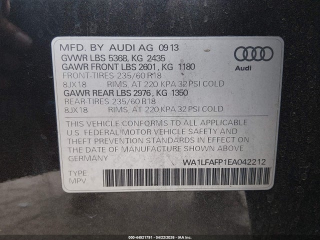 44921791 :رقم المزاد ، WA1LFAFP1EA042212 vin ، 2014 Audi Q5 2.0t Premium مزاد بيع