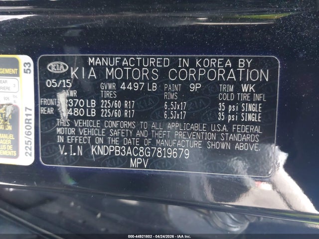Aukcja sprzedaży 2016 Kia Sportage Lx, vin: KNDPB3AC8G7819679, numer aukcji: 44921802