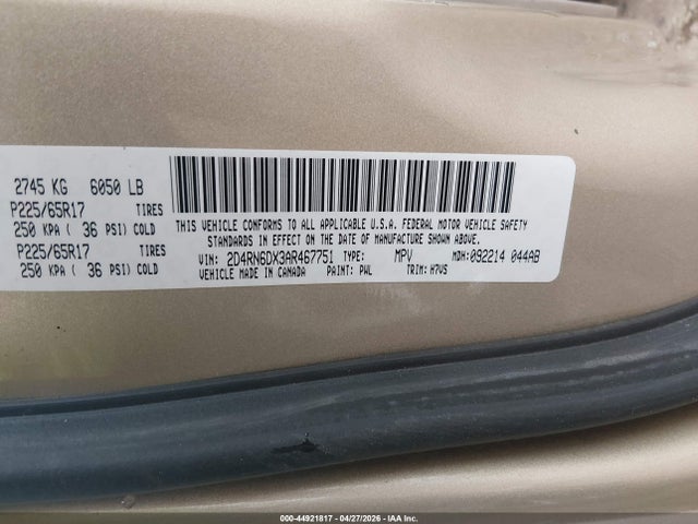 44921817 :رقم المزاد ، 2D4RN6DX3AR467751 vin ، 2010 Dodge Grand Caravan Crew مزاد بيع