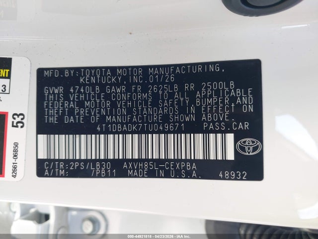 Продажа на аукционе авто 2026 Toyota Camry Xse, vin: 4T1DBADK7TU049671, номер лота: 44921818