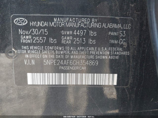 Продаж на аукціоні авто 2016 Hyundai Sonata Se, vin: 5NPE24AF6GH354869, номер лоту: 44921826