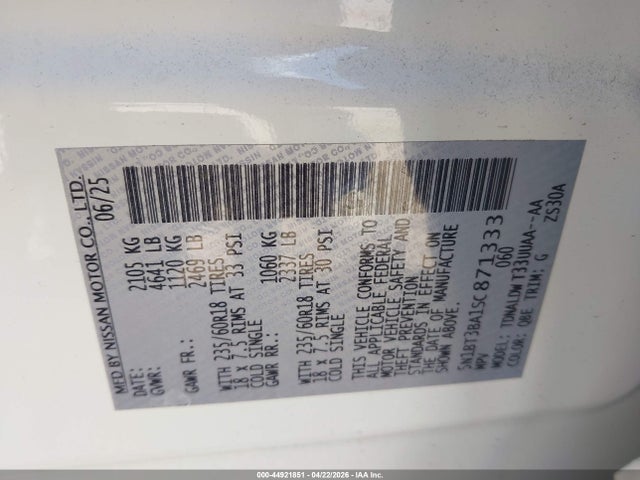 44921851 :رقم المزاد ، 5N1BT3BA1SC871333 vin ، 2025 Nissan Rogue Sv Fwd مزاد بيع