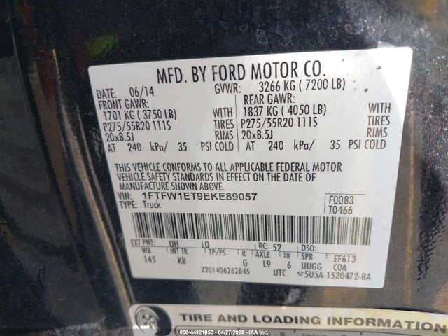 1FTFW1ET9EKE89057 Ford F-150 Fx4/king Ranch/lariat/limited/platinum/xl/xlt