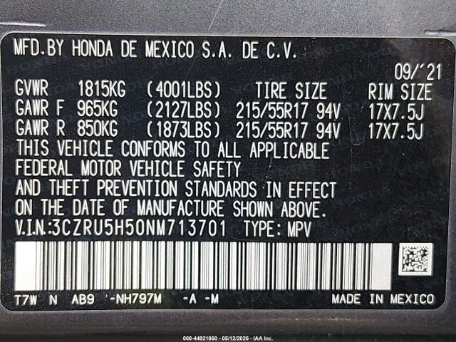 Продажа на аукционе авто 2022 Honda Hr-v 2wd Ex, vin: 3CZRU5H50NM713701, номер лота: 44921860
