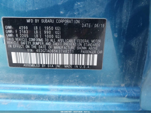 44921861 :رقم المزاد ، 4S3GTAD65K3748271 vin ، 2019 Subaru Impreza 2.0i Premium مزاد بيع