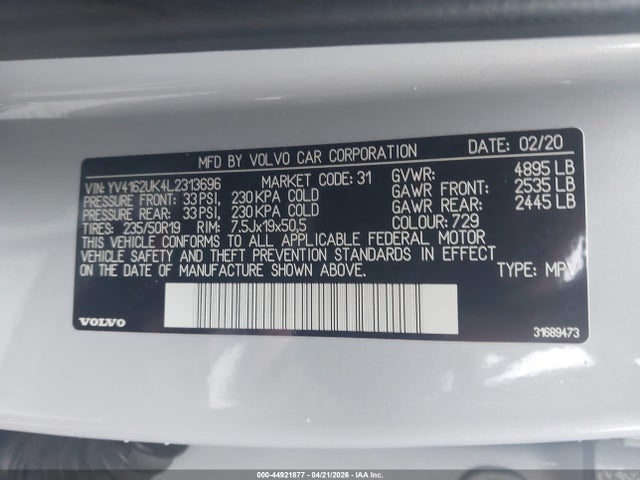 2020 Volvo Xc40 T5 Momentum მანქანა იყიდება აუქციონზე, vin: YV4162UK4L2313696, აუქციონის ნომერი: 44921877