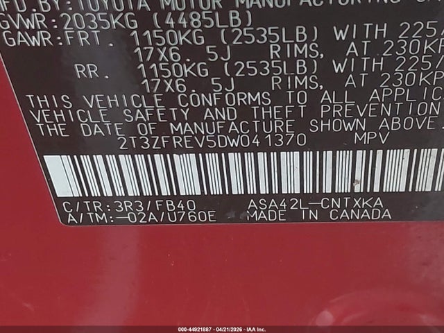 Продаж на аукціоні авто 2013 Toyota Rav4 Le, vin: 2T3ZFREV5DW041370, номер лоту: 44921887