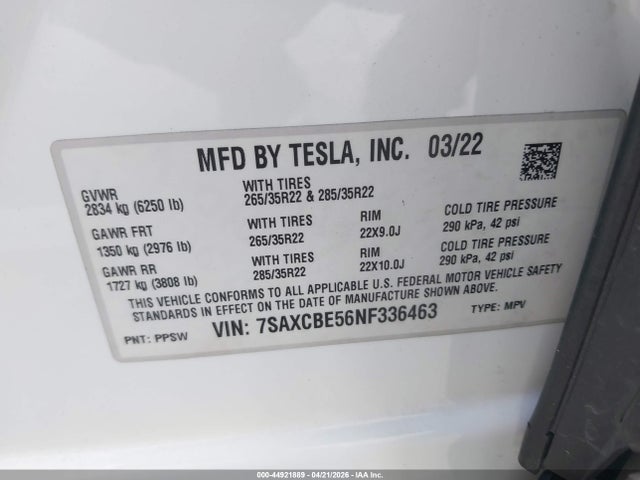 2022 Tesla Model X Dual Motor All-wheel Drive მანქანა იყიდება აუქციონზე, vin: 7SAXCBE56NF336463, აუქციონის ნომერი: 44921889
