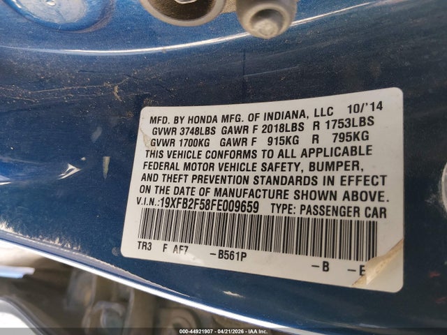 2015 Honda Civic Lx მანქანა იყიდება აუქციონზე, vin: 19XFB2F58FE009659, აუქციონის ნომერი: 44921907