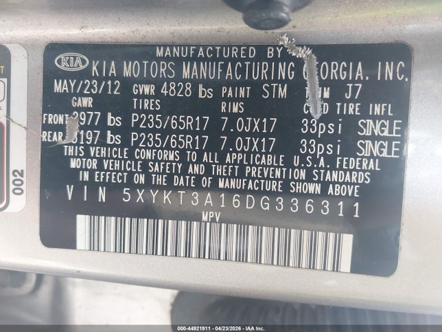 2013 Kia Sorento Lx მანქანა იყიდება აუქციონზე, vin: 5XYKT3A16DG336311, აუქციონის ნომერი: 44921911
