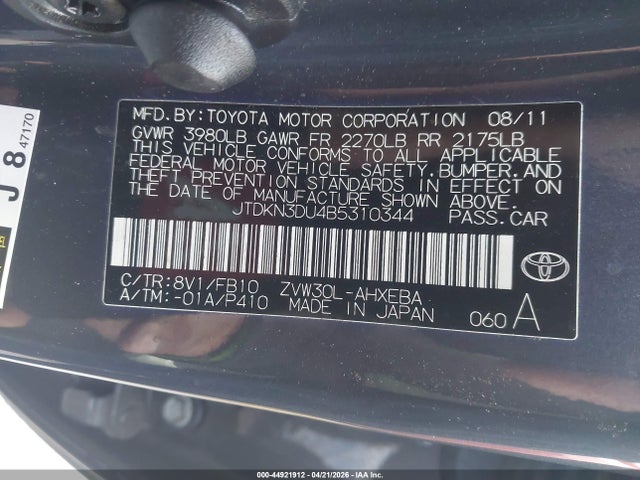 44921912 :رقم المزاد ، JTDKN3DU4B5310344 vin ، 2011 Toyota Prius Three مزاد بيع