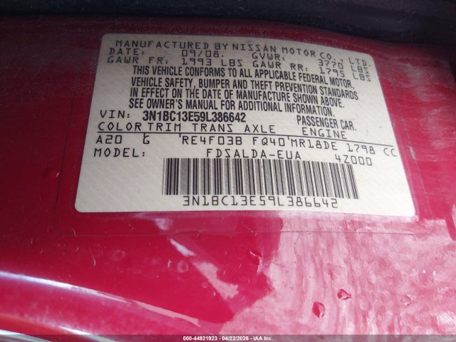2009 Nissan Versa 1.8s მანქანა იყიდება აუქციონზე, vin: 3N1BC13E59L386642, აუქციონის ნომერი: 44921923