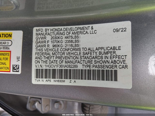 Aukcja sprzedaży 2022 Honda Accord Sport, vin: 1HGCV1F36NA082289, numer aukcji: 44921952