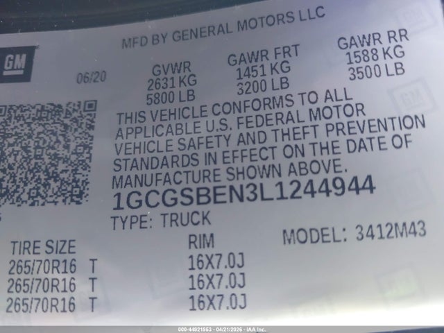 44921953 :رقم المزاد ، 1GCGSBEN3L1244944 vin ، 2020 Chevrolet Colorado 2wd  Short Box Wt مزاد بيع