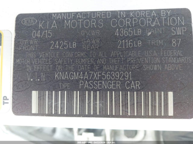 2015 Kia Optima Lx მანქანა იყიდება აუქციონზე, vin: KNAGM4A7XF5639291, აუქციონის ნომერი: 44921960