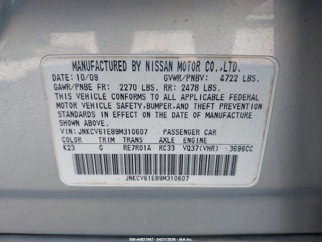 44921967 :رقم المزاد ، JNKCV61E89M310607 vin ، 2009 Infiniti G37 Journey مزاد بيع