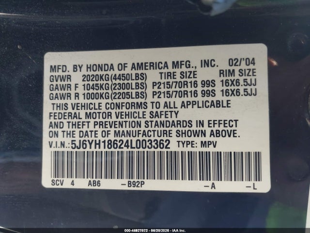 44921972 :رقم المزاد ، 5J6YH18624L003362 vin ، 2004 Honda Element Ex مزاد بيع