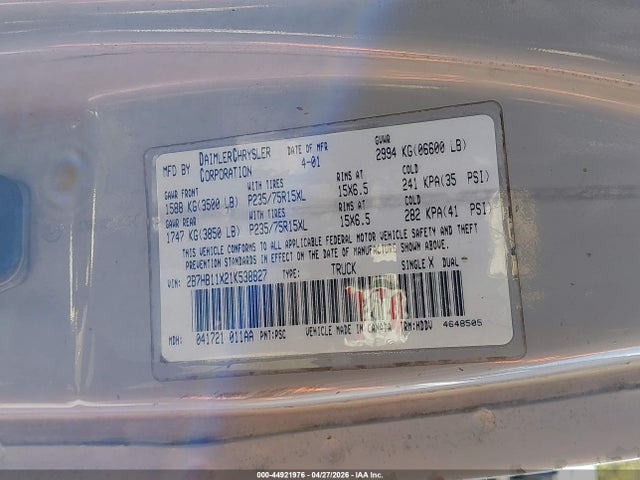 2001 Dodge Ram Van 1500 Conversion მანქანა იყიდება აუქციონზე, vin: 2B7HB11X21K538827, აუქციონის ნომერი: 44921976