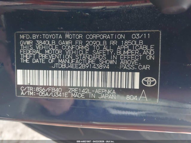 Auction sale of the 2011 Toyota Corolla Le, vin: JTDBU4EE2B9143894, lot number: 44921987