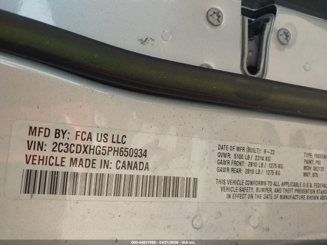 2023 Dodge Charger Gt მანქანა იყიდება აუქციონზე, vin: 2C3CDXHG5PH650934, აუქციონის ნომერი: 44921996