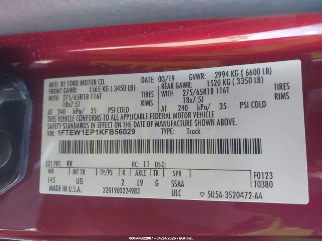 44922007 :رقم المزاد ، 1FTEW1EP1KFB56029 vin ، 2019 Ford F-150 Xlt مزاد بيع
