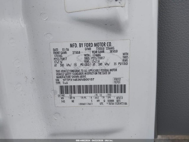 Продаж на аукціоні авто 2006 Ford F-150 Fx4/lariat/xl/xlt, vin: 1FTPX14536NB00157, номер лоту: 44922024