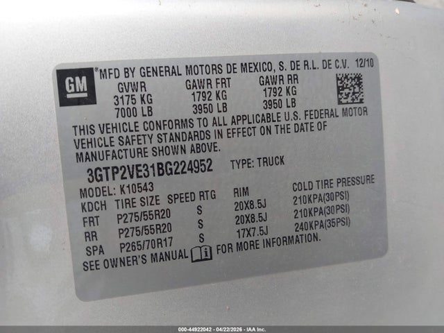 Aukcja sprzedaży 2011 Gmc Sierra 1500 Sle, vin: 3GTP2VE31BG224952, numer aukcji: 44922042