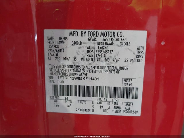 Продаж на аукціоні авто 2005 Ford F-150 Stx/xl/xlt, vin: 1FTRF12W65KF11401, номер лоту: 44922045