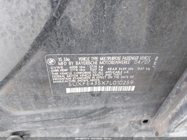 44922072 :رقم المزاد ، 5UXFE435X7L010259 vin ، 2007 Bmw X5 3.0si مزاد بيع