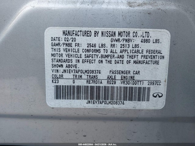 Продажа на аукционе авто 2020 Infiniti Q50 Luxe, vin: JN1EV7AP0LM208374, номер лота: 44922084