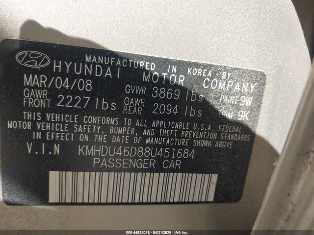 Aukcja sprzedaży 2008 Hyundai Elantra Gls/se, vin: KMHDU46D88U451684, numer aukcji: 44922085