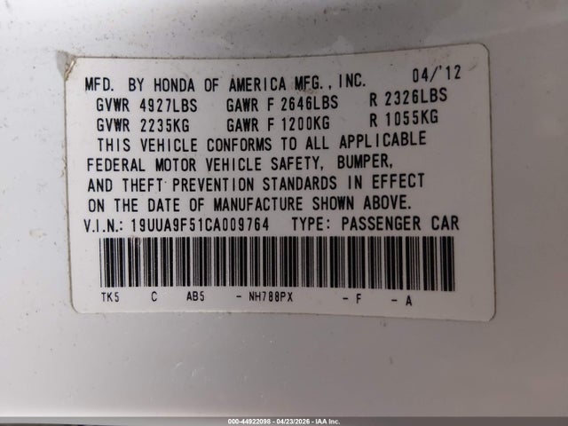 44922098 :رقم المزاد ، 19UUA9F51CA009764 vin ، 2012 Acura Tl 3.7 مزاد بيع