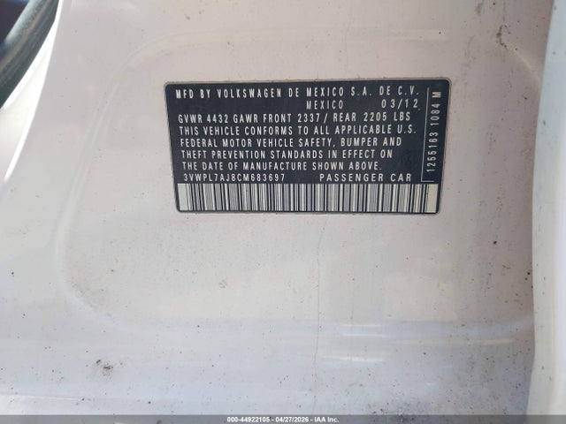 Продаж на аукціоні авто 2012 Volkswagen Jetta Sportwagen 2.0l Tdi, vin: 3VWPL7AJ8CM683697, номер лоту: 44922105