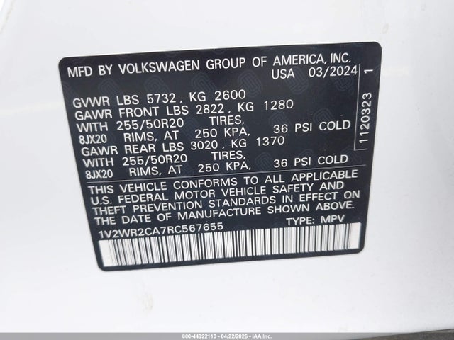 44922110 :رقم المزاد ، 1V2WR2CA7RC567655 vin ، 2024 Volkswagen Atlas 2.0t Se W/technology مزاد بيع